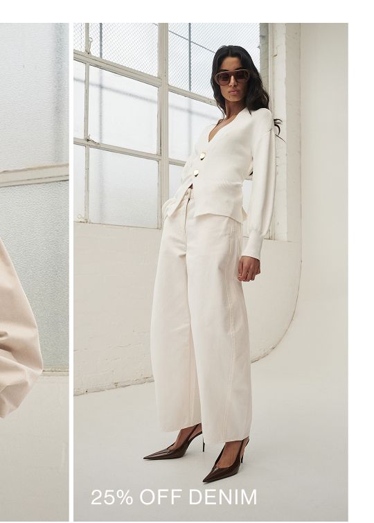 Model posing in a white knit cardigan and white denim with text overlay: "25% OFF DENIM"