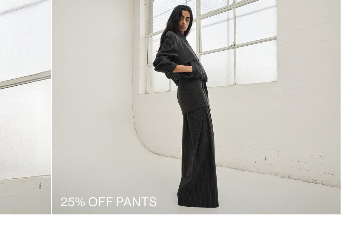 Model posing in a pinstripe set with text overlay: "25% OFF PANTS"