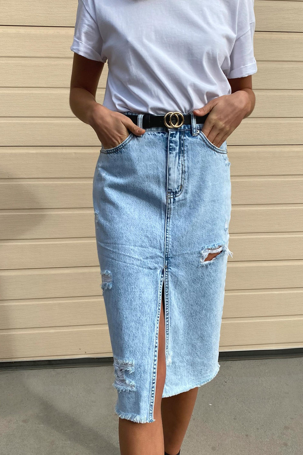 [TEST] Elise Ripped Denim Midi Skirt