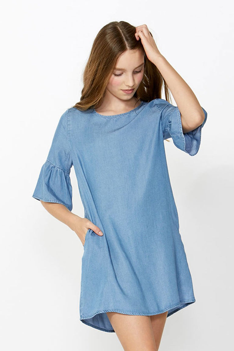 [TEST] Kids Fluted Slv Chambray Dress