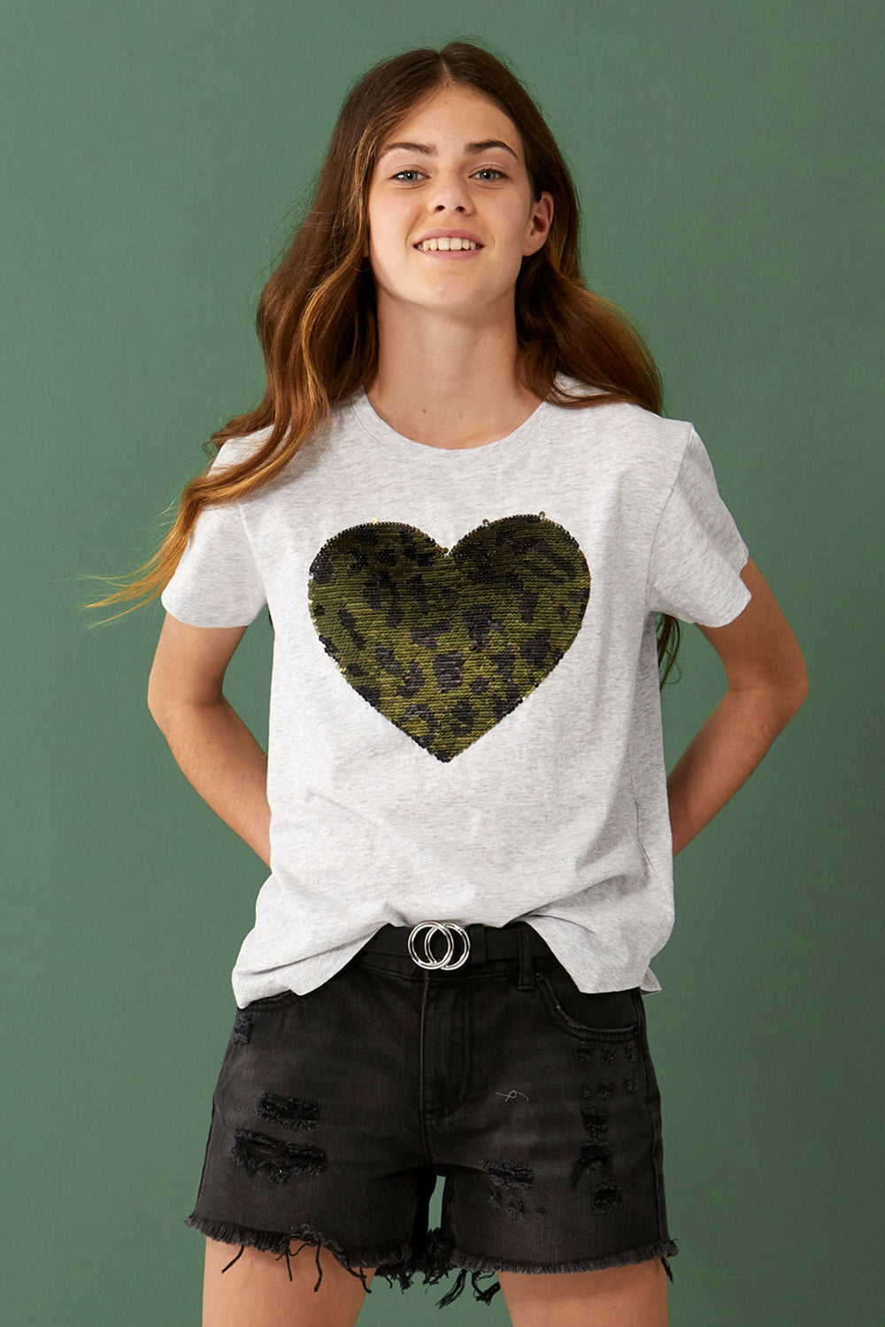 [TEST] Girls Animal Sequin Heart Tee