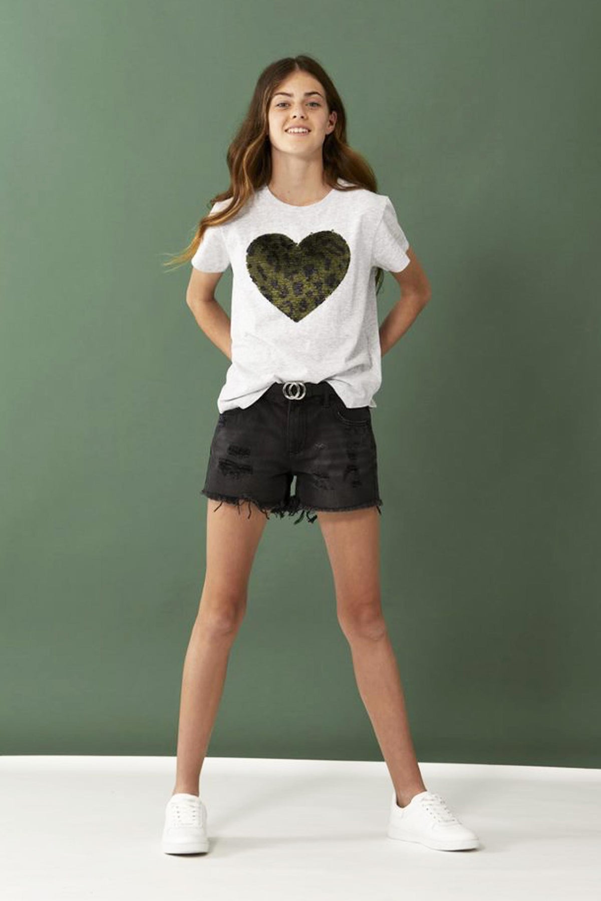 [TEST] Girls Animal Sequin Heart Tee